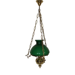 Vintage Rustic German Ceiling Lamp with Brass Frame and Green Glass Shade from Schmöger-Leuchten, 1980s For Sale