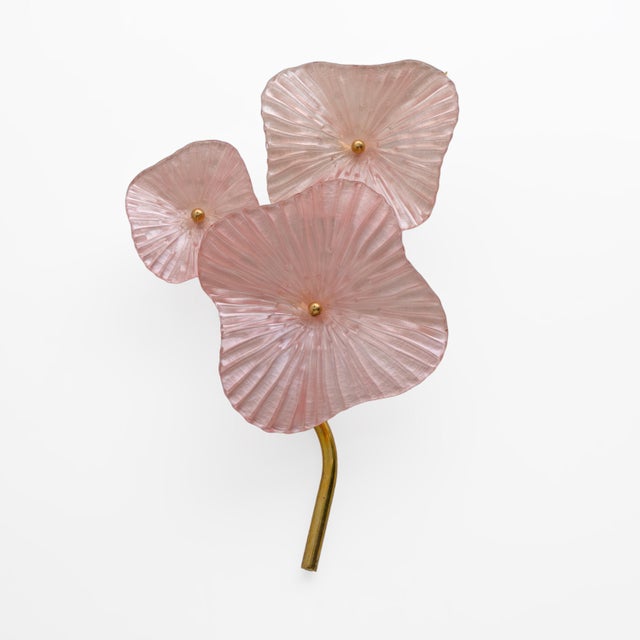 1990s Modern Murano Artistic Glass Pearly Pink and Brass Sconces, 1990, Set of 2 For Sale - Image 5 of 11