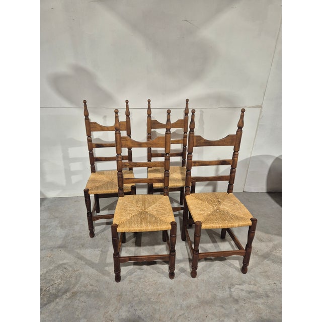 1960s Vintage Rustic Wooden Chairs with Rush Seat, 1960s, Set of 4 For Sale - Image 5 of 7