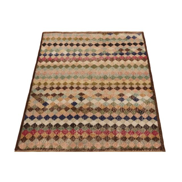 Art Deco 1960s Vintage Distressed Art Deco Rug in Brown, Pink and Blue Geometric Pattern For Sale - Image 3 of 8