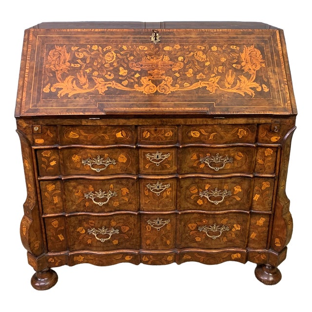 Antique Dutch Marquetry Walnut Bureau, 1760 For Sale