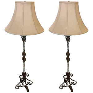 Very Tall French Wrought Iron Candlestick Lamps - a Pair