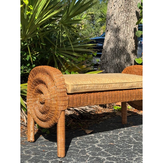 1980s Vintage Wicker Bench | Coastal Rattan Barrel-Back Settee With Cushion For Sale - Image 5 of 10