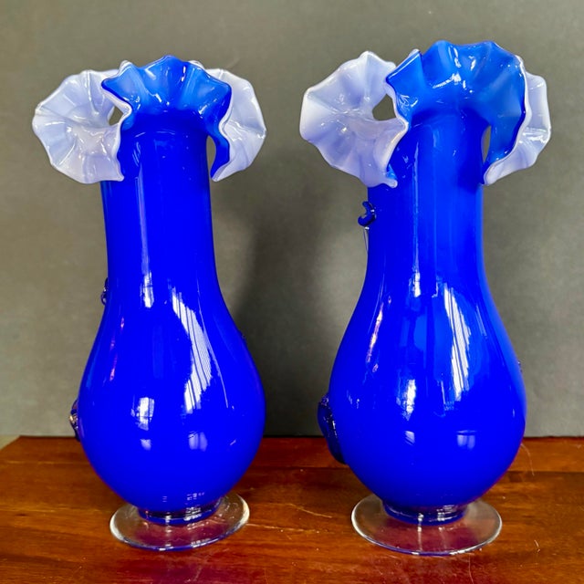 Murano Style Blue Art Glass Vases With Thread Design and Orange Accents, Set of 2 For Sale In Miami - Image 6 of 8