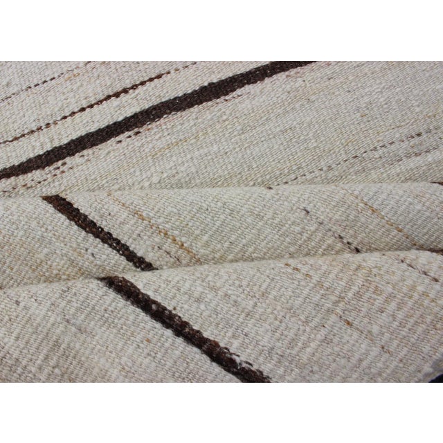 Mid 20th Century Minimalist Design Vintage Turkish Kilim Runner in Off White & Brown Lines For Sale - Image 9 of 10