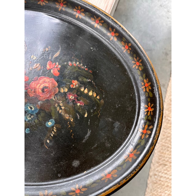 Metal Antique English Hand-Painted Floral Oval Toleware Tray, Late 19th Century For Sale - Image 7 of 10