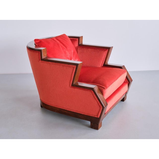 Art Deco Cubist Armchair in Vermilion Mohair Velvet and Maple, Belgium, 1920s For Sale - Image 6 of 17