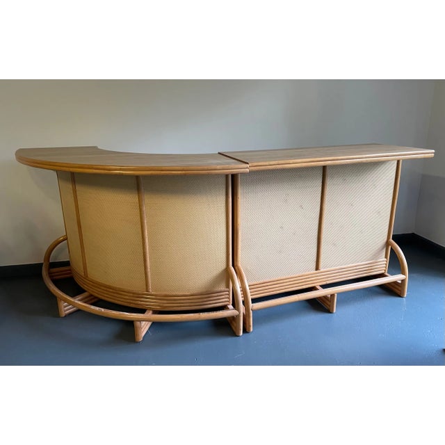 Mid 20th Century Vintage Mid-Century Modern Bamboo and Grasscloth Bar and 4 Bar Stools - Set of 6 For Sale - Image 11 of 12