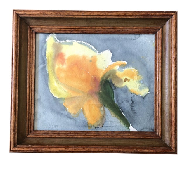 Original Vintage Abstract Flower Watercolor Painting Vintage Frame 1970’s For Sale