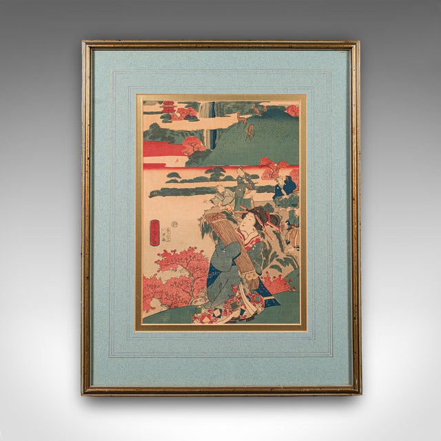 This is an antique framed woodblock print. A Japanese, ukiyo-e figural scene by Utagawa Kunisada (1786 - 1865), dating to...
