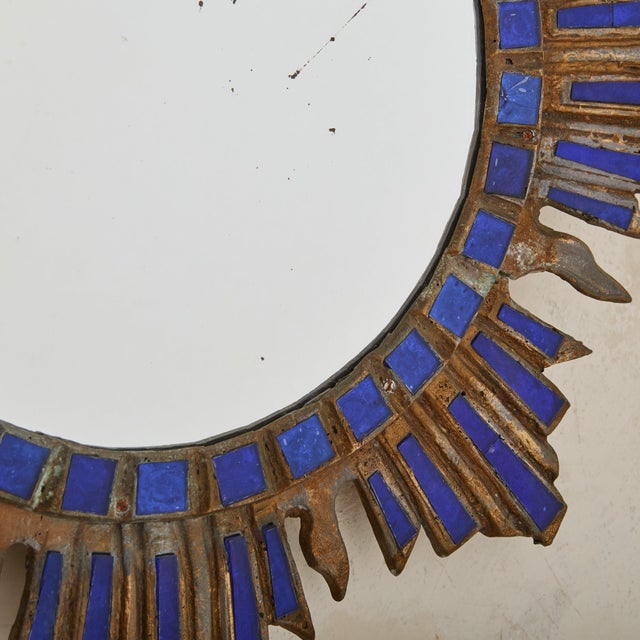 Mid-Century Modern French Sunburst Blue Talosel Wall Mirror by Irena Jaworska, 1960s - 2 Available For Sale - Image 3 of 10