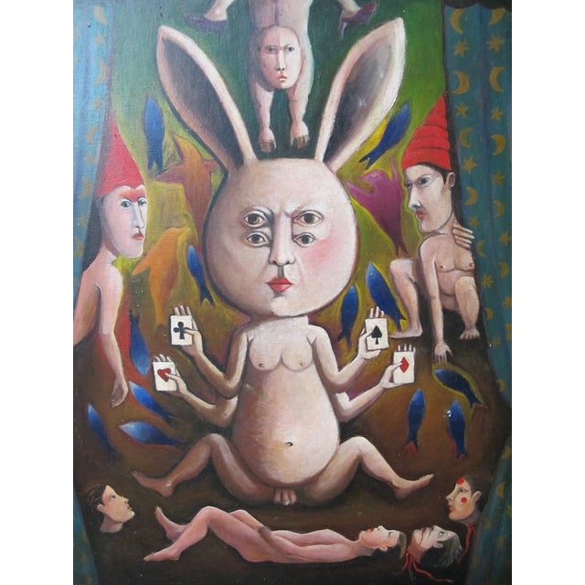 Sergio Bustamante, original oil painting on board titled 'El Porque de los Designios' or 'The Reason Behind the Designs'....