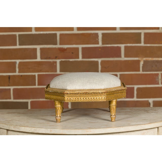 Wood French Neoclassical 19th Century Carved Giltwood Footstool with Linen Upholstery For Sale - Image 7 of 12