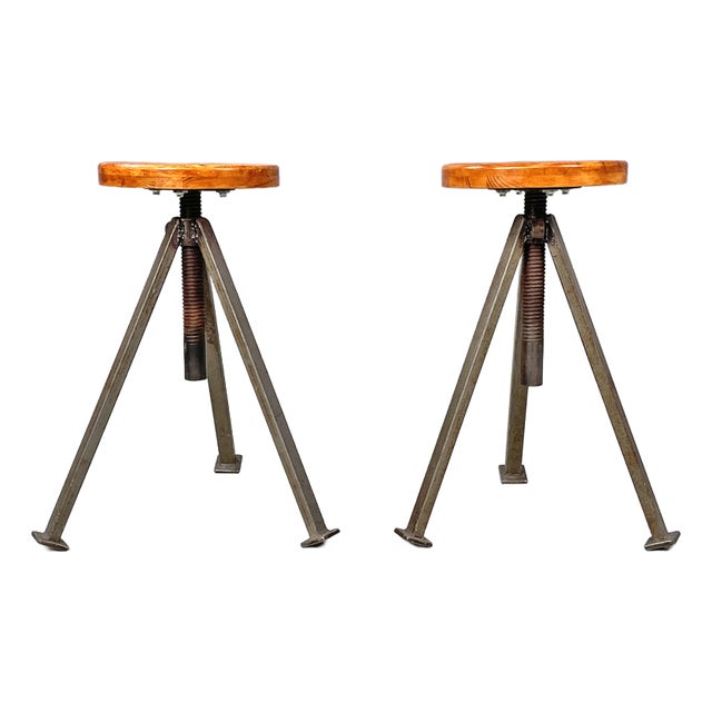 Set of Mid-Century Modern Italian Industrial Adjustable Stools in Wood and Metal, 1960s For Sale