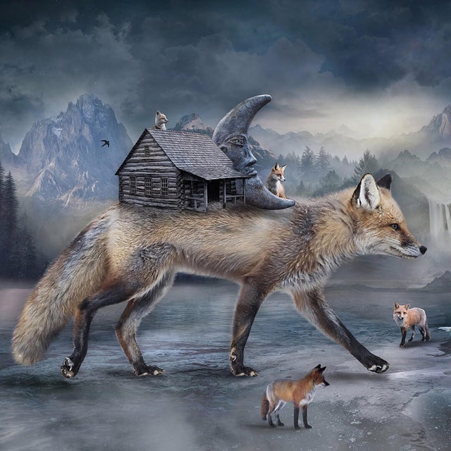 Early 21st Century Shelter - Spirit of the Fox by Marcin Owczarek | Photography - Dye Sublimation on Aluminum featuring a fox with a house and landscape. For Sale - Image 5 of 5