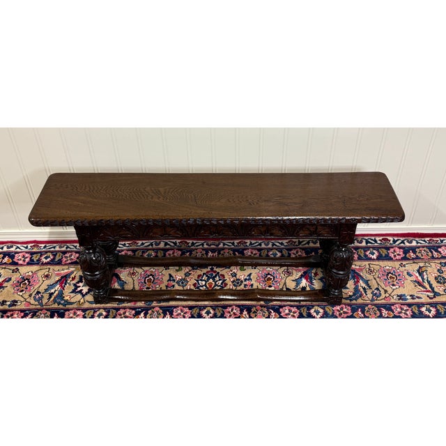 Brown Antique English End-of-Bed Bench Window Seat Settee Carved Oak C. 1900 For Sale - Image 8 of 12