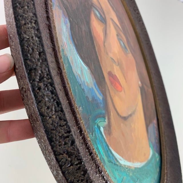 Vintage Female Portrait Painting Side Eyed Blue Eyes Framed Signed Yuri Double Sided For Sale In Baltimore - Image 6 of 7