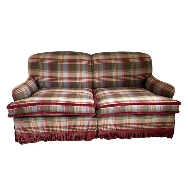 George Smith bespoke sleeper sofa. Scrolled arms. Upholstered in Mulberry’s Iconic ancient tartan wool with Brunschwig and...
