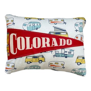 Colorado Red Vintage Pennant on New Woven Camper Fabric Throw Pillow For Sale