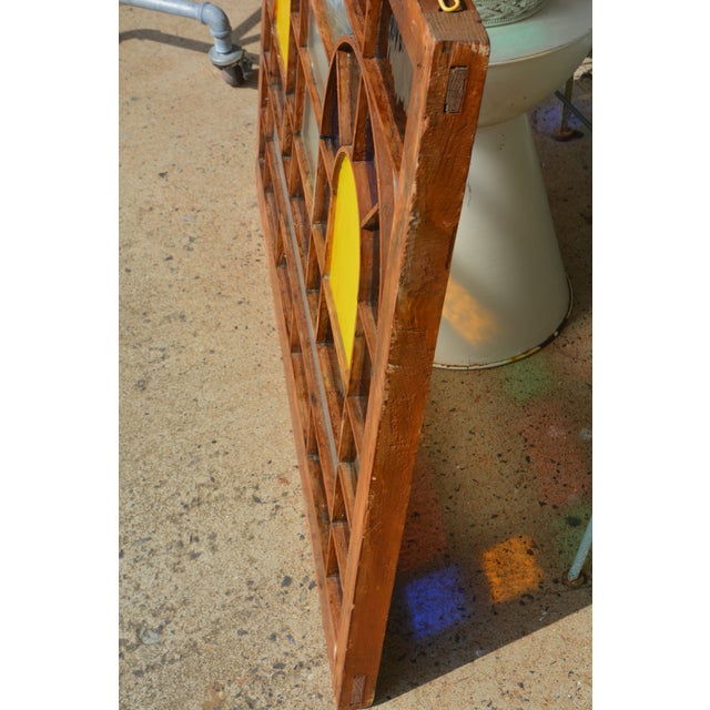Art / Stained Glass & Wood Window Panel / Color W/ Yellow & Blue Arches in Center For Sale - Image 12 of 17