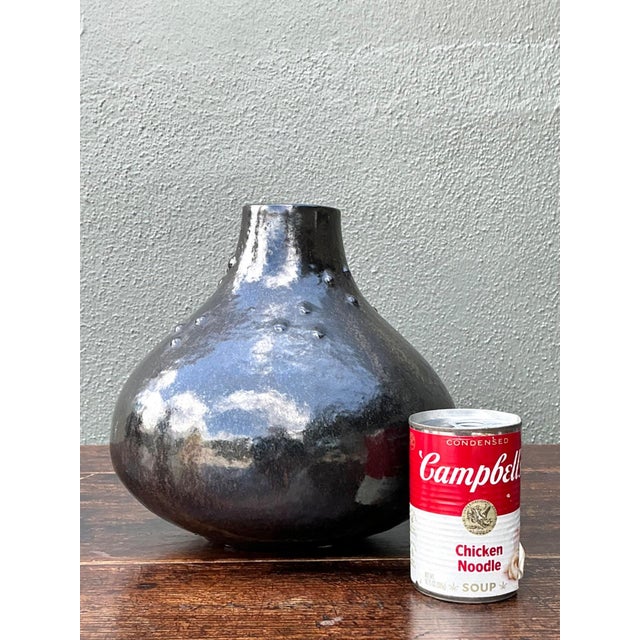 Charcoal Vintage Black Textured Ceramic Vase For Sale - Image 8 of 14
