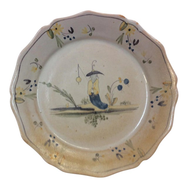 Asian Fishing Scene Painted Ceramic Plate For Sale