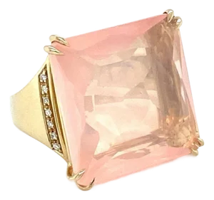 Large Pink Quartz Diamond Square Top 18k Yellow Gold Ring - Size 6