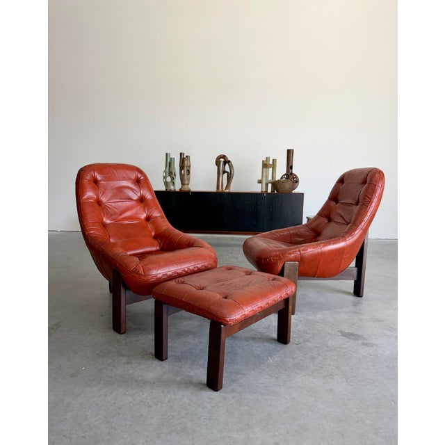 1970’s Brazilian Modernist Scoop Lounge Chair Pair with matching Ottoman. Attributed to Jean Gillon for Probel, and...