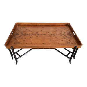 1980s Hollywood Regency Gilded Chinoiserie Oversized Tray Coffee Table Faux Bamboo