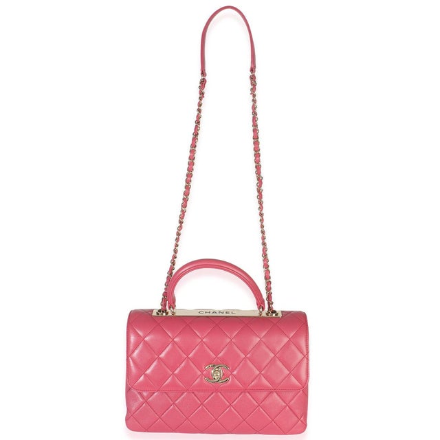 Pink Pink Quilted Lambskin Medium Trendy CC Flap Dual Handle Bag For Sale - Image 8 of 9