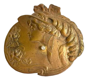 Art Nouveau Bronze Tone Brooch Female Profile Cameo Style Pin Large Estate Piece