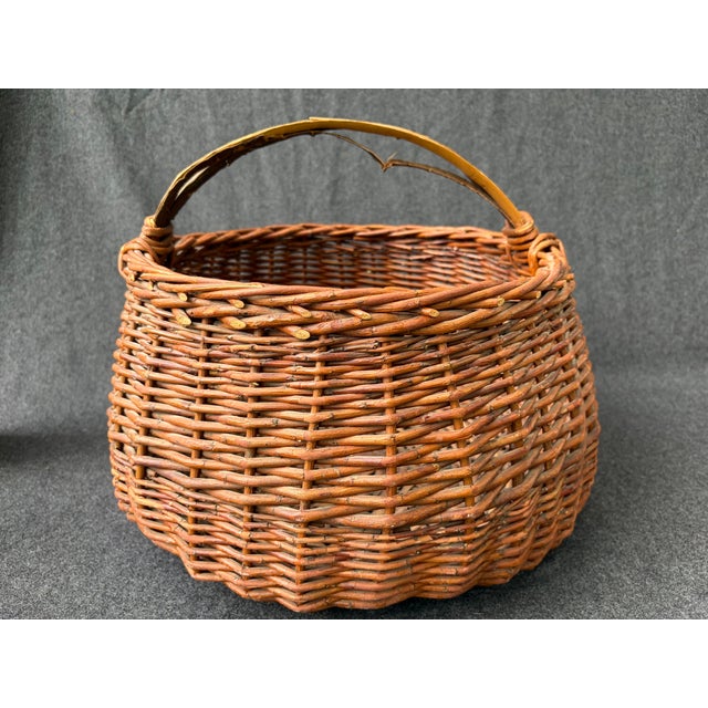 Large Antique Hand Woven Willow Gathering Basket Branch Handle For Sale - Image 15 of 17