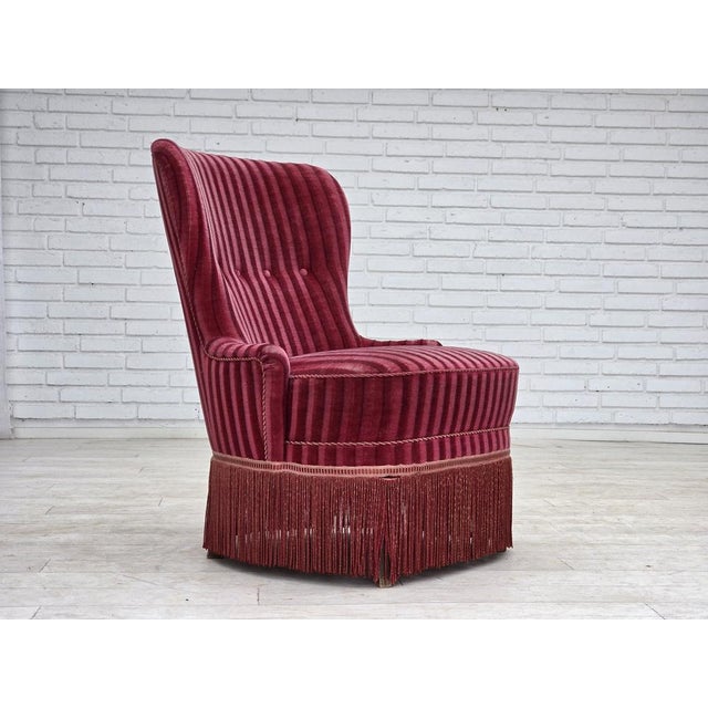 1960s, Danish armchair. Original striped red furniture velour, beech wood legs, springs in the seat. Original good...