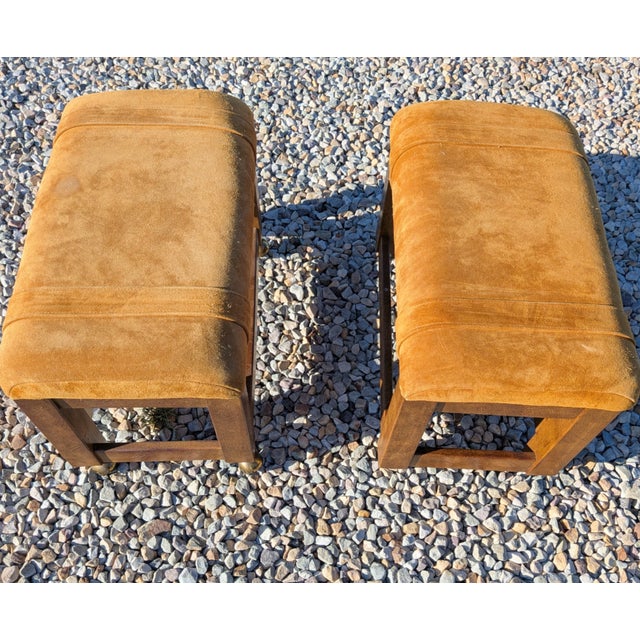 Boho Chic 1970's Vintage Brutalist Boho Chic Minimalist Drexel Suede Stools-a Pair For Sale - Image 3 of 13