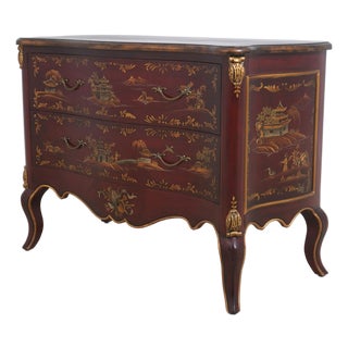 Red & Gold Chinoiserie Serpentine 2 Drawer Commode Dresser For Sale