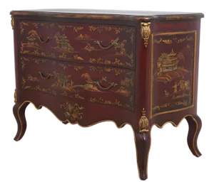 Red & Gold Chinoiserie Serpentine 2 Drawer Commode Dresser