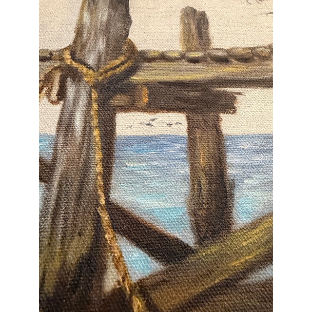 1970s Original Nautical Ocean Oil Painting - Seagulls & Sea Pier Pilings in Wood Frame For Sale - Image 4 of 11