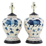 Pair of Vintage Brunschwig & Fils Cadiz Table Lamps - Blue and Cream Ceramic With Boar and Deer Motif For Sale