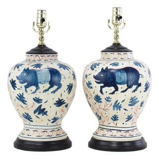 Pair of Vintage Brunschwig & Fils Cadiz Table Lamps - Blue and Cream Ceramic With Boar and Deer Motif For Sale