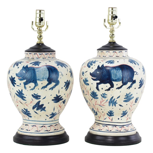 Pair of Vintage Brunschwig & Fils Cadiz Table Lamps - Blue and Cream Ceramic With Boar and Deer Motif For Sale