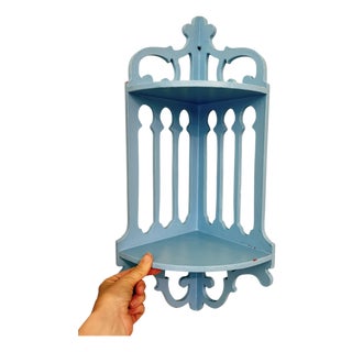 Mid-20th Century Chippendale Style Gingerbread Fretwork Corner Shelf With Distressed Blue Patina For Sale