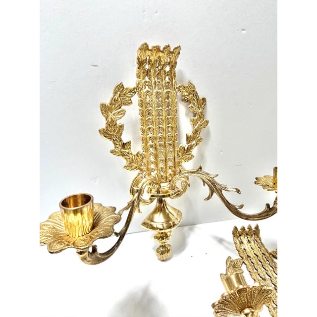 Vintage French Louis XVI Style Brass Wall Sconces – Pair For Sale - Image 4 of 12