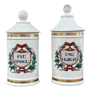 Pair Old Paris Apothecary Jars – Late 19th Century French Porcelain, Gilded & Hand Painted