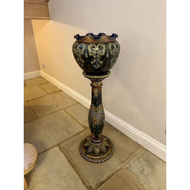Antique Art Nouveau Stoneware Jardiniere and Stand from Royal Doulton, 1910, Set of 2 For Sale - Image 6 of 7