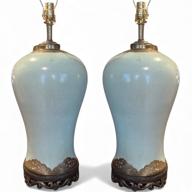 Pair Chinoiserie Porcelain Celadon Green Ceramic Temple Jar Table Lamps. These very important oversized classic temple jar...
