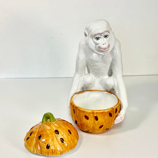 1950s Vintage Majolica Chinoiserie Hollywood Regency Figural Monkey With Pumpkin After Chelsea House, Halloween & Thanksgiving For Sale - Image 16 of 18
