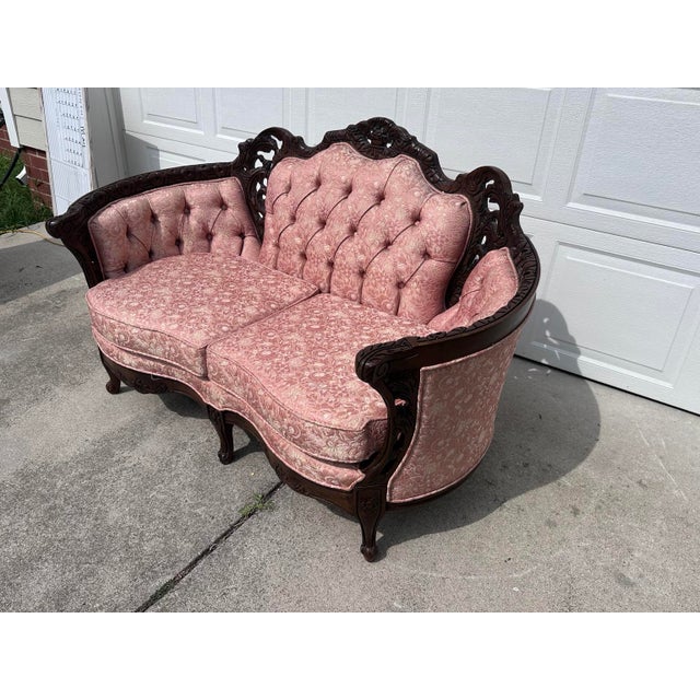 Vintage Victorian Carved Walnut Tufted Loveseat in Blush Jacquard For Sale - Image 6 of 8