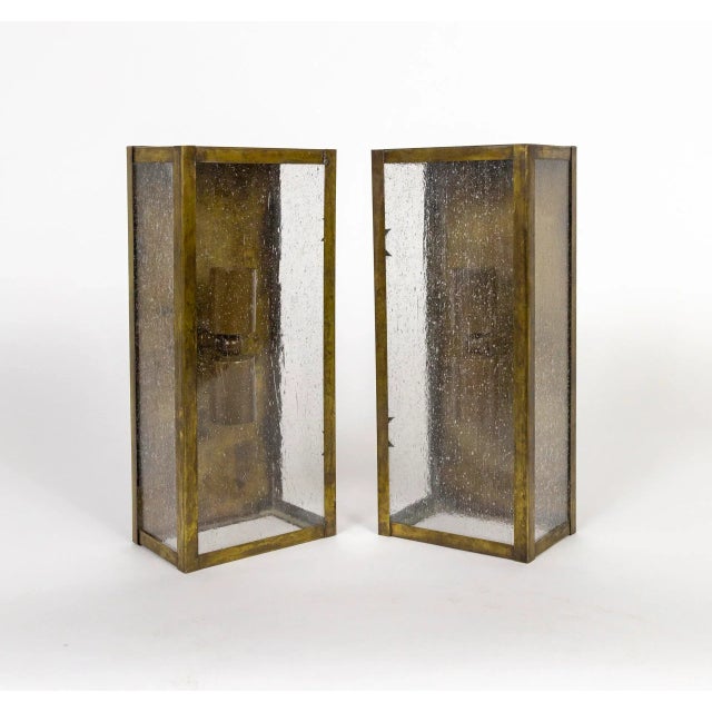 Mid 20th Century Patinated Brass Rectangle Box Sconces With Seeded Glass - a Pair For Sale - Image 10 of 12
