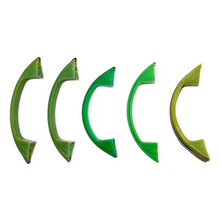 Art Deco Various Green Bakelite Drawer Pulls W/ Chrome Strip, Set of 5 For Sale