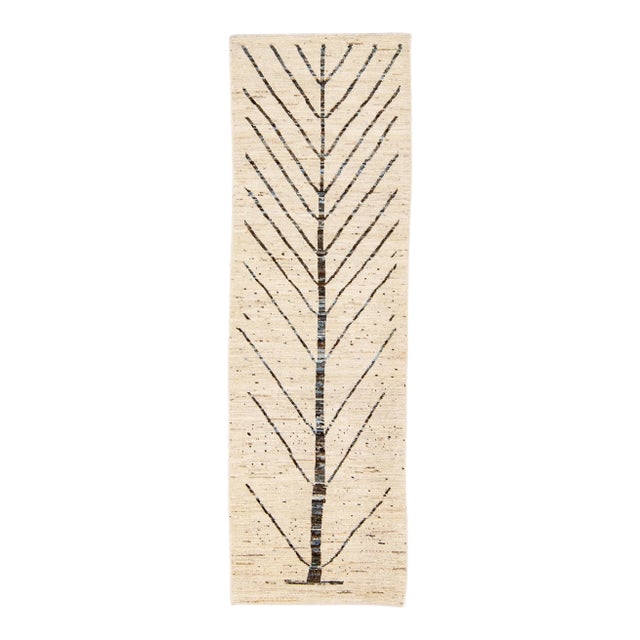 Modern Moroccan Style Handmade Designed Beige Boho Wool Runner For Sale